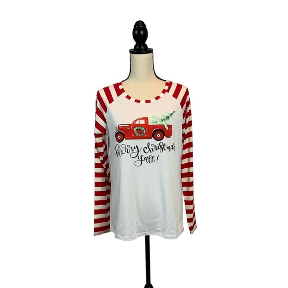 Egelexy Merry Christmas Y’all Long Candy Cane Striped Sleeve Baseball Style Tee - Picture 1 of 8
